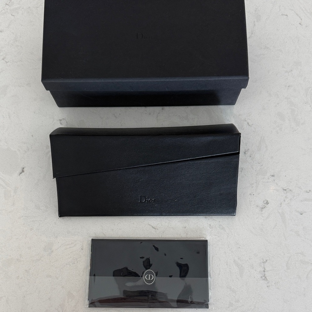 Dior Black Leather Sunglasses Case with Box and Accessory Pack